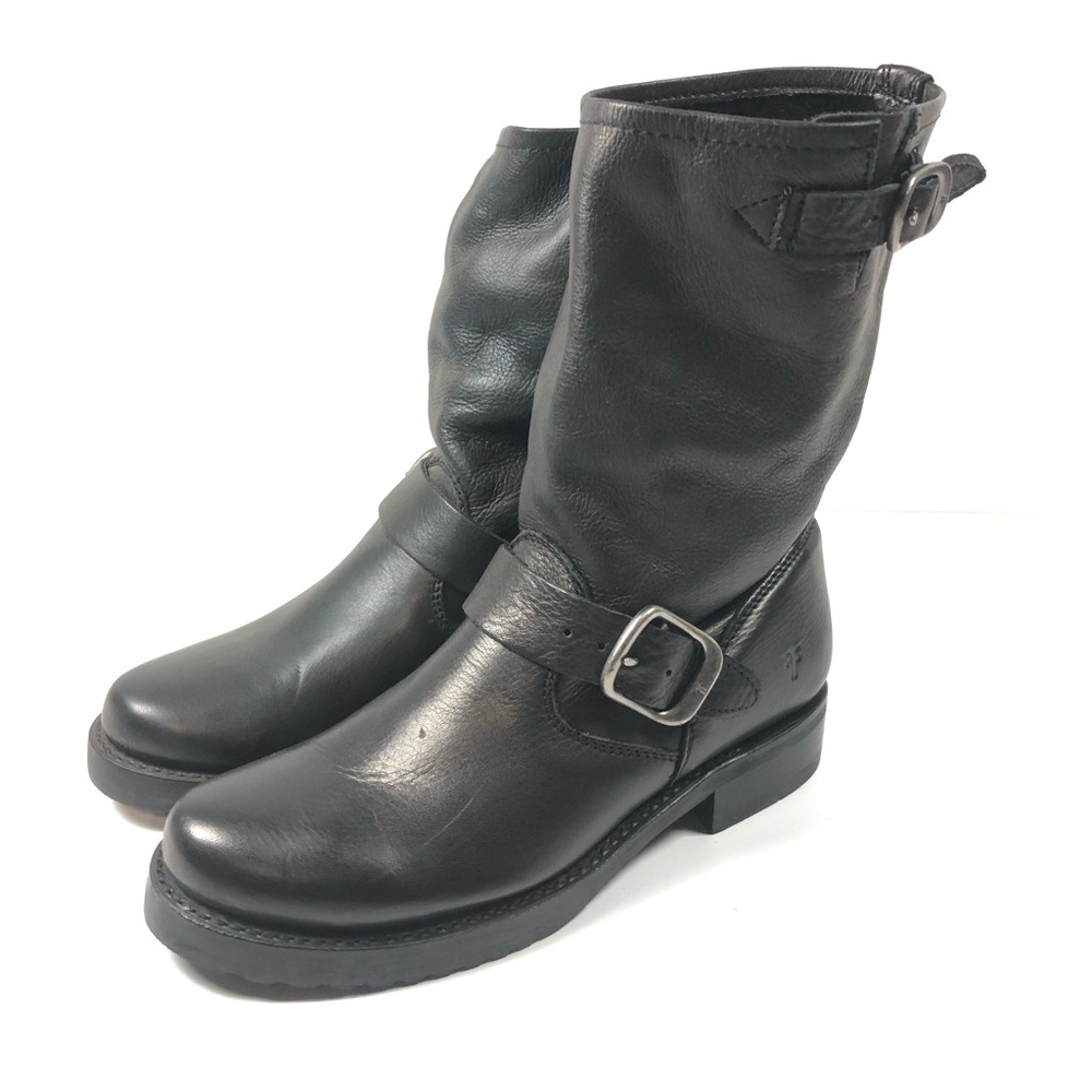 FRYE Boots Veronica Short Women's 6 M Black Leather Buckle Moto Boots